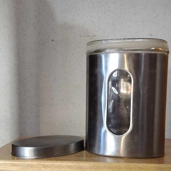 56 oz Airtight Oval Brushed Steel Wrapped Palladium Glass Canister with Window - Picture 2 of 3